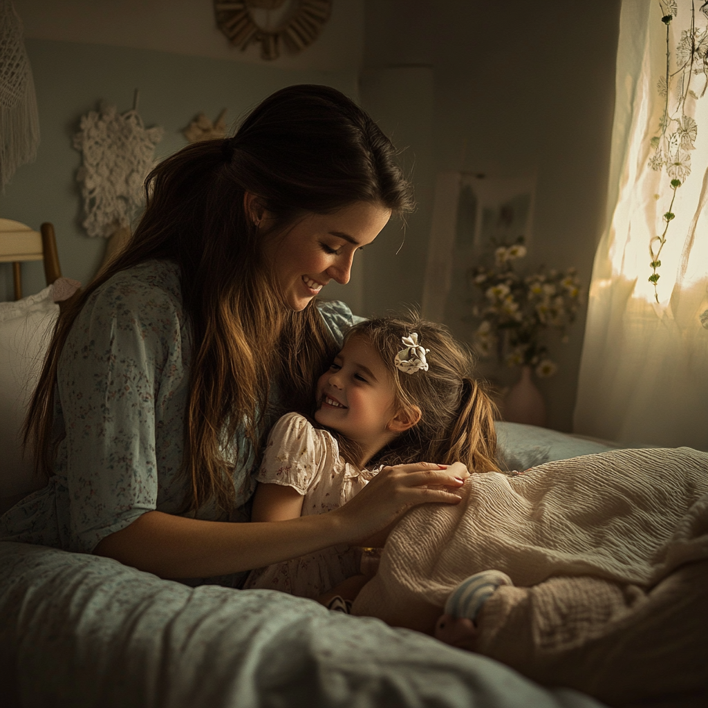 A woman tucking her daughter in | Source: Midjourney