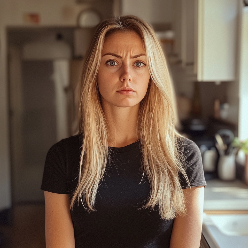 A frowning woman standing in a kitchen | Source: Midjourney