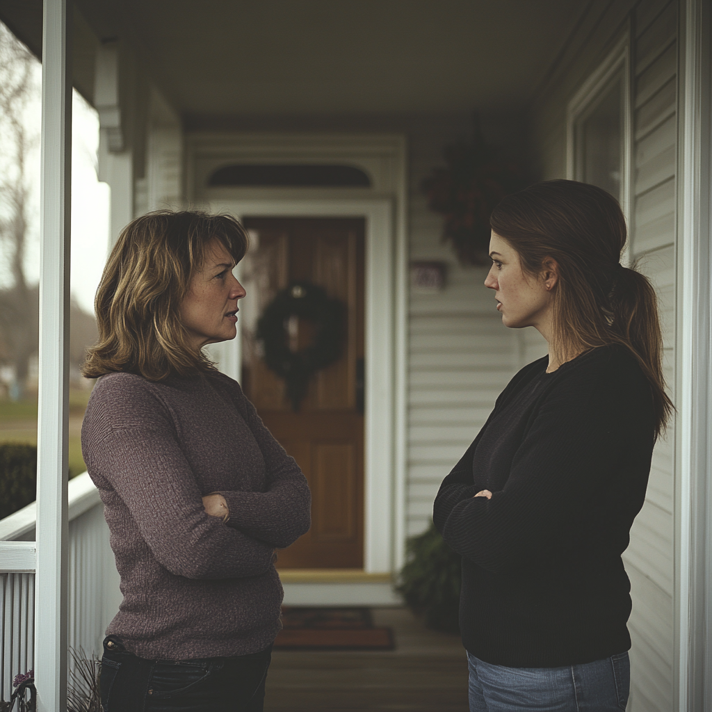 Two women arguing on a porch | Source: Midjourney