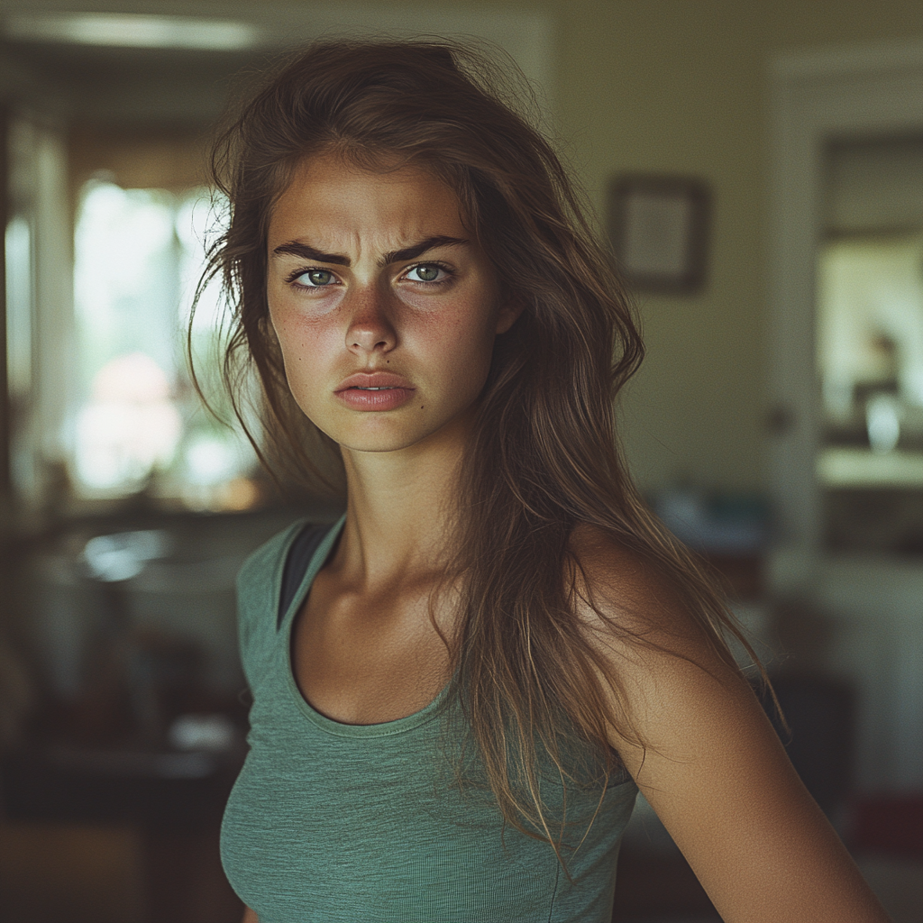 Angry woman standing in her living room | Source: Midjourney