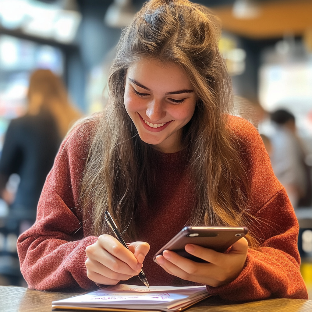 a smiling young woman writing in her journal | Source: Midjourney