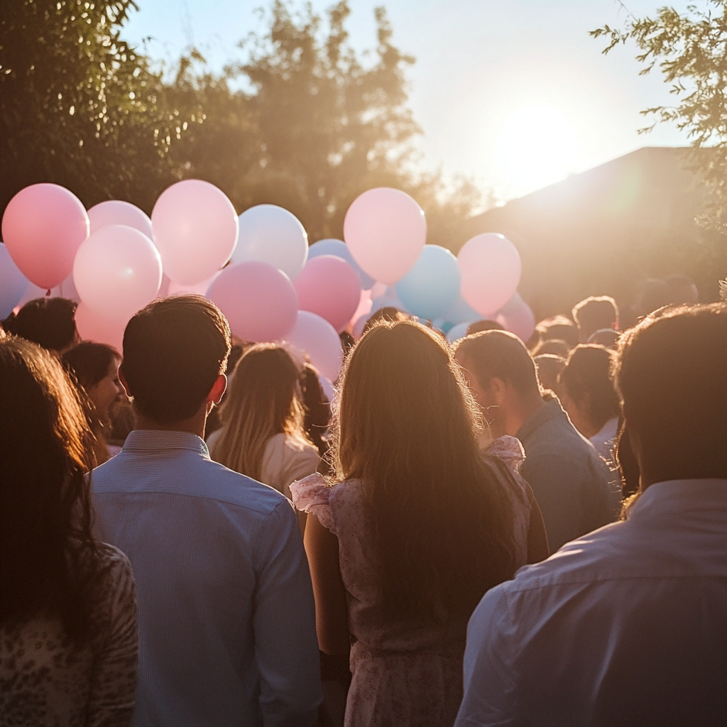 Uma multidão de pessoas em uma festa de revelação de gênero | Fonte: Midjourney