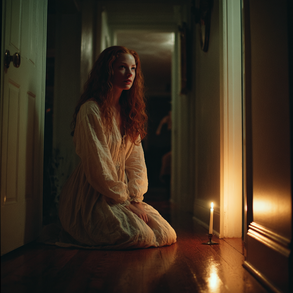 A woman kneeling in a hallway | Source: Midjourney