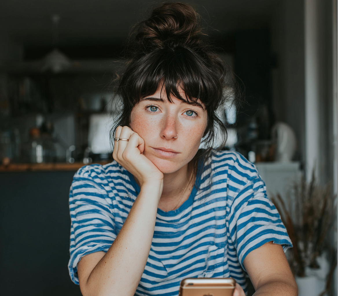 A woman sitting at a table with a messy bun and bangs | Source: Midjourney