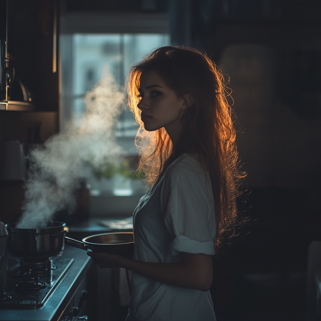 A concerned woman cooking | Source: Midjourney