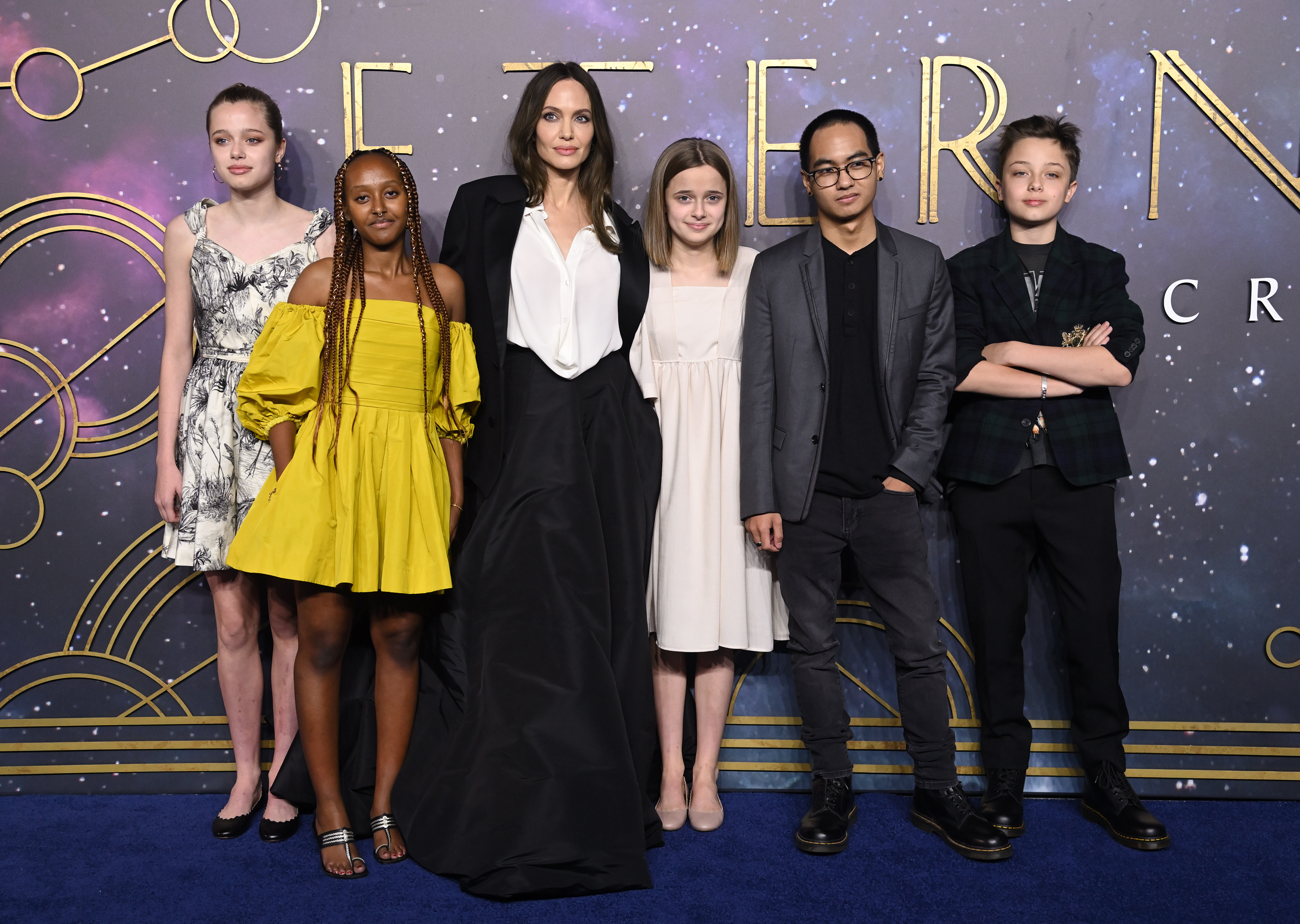 Shiloh Jolie, Zahara Jolie-Pitt, Angelina Jolie, Vivienne Jolie-Pitt, Maddox Jolie-Pitt and Knox Jolie-Pitt attend the "The Eternals" UK Premiere at BFI IMAX Waterloo on October 27, 2021 in London, England. | Source: Getty Images