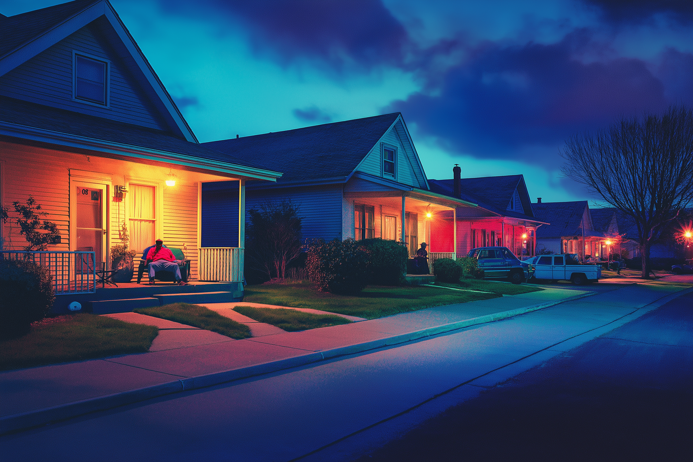 People on their porches in a suburban neighborhood at night | Source: Midjourney