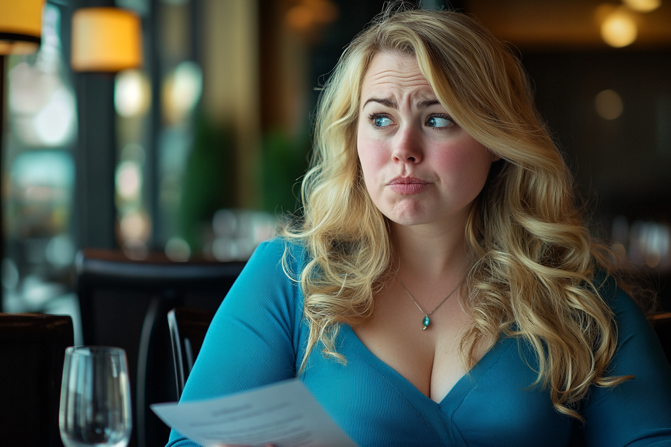 A woman pulling a face while holding a piece of paper | Source: Midjourney