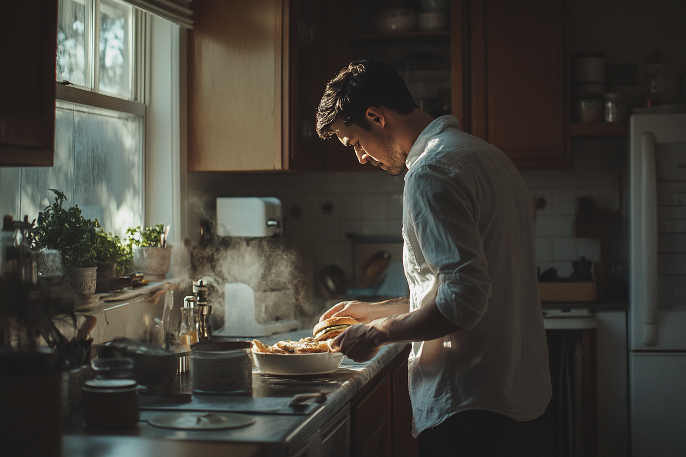 A man in his 30s making a sandwich in a kitchen | Source: Midjourney