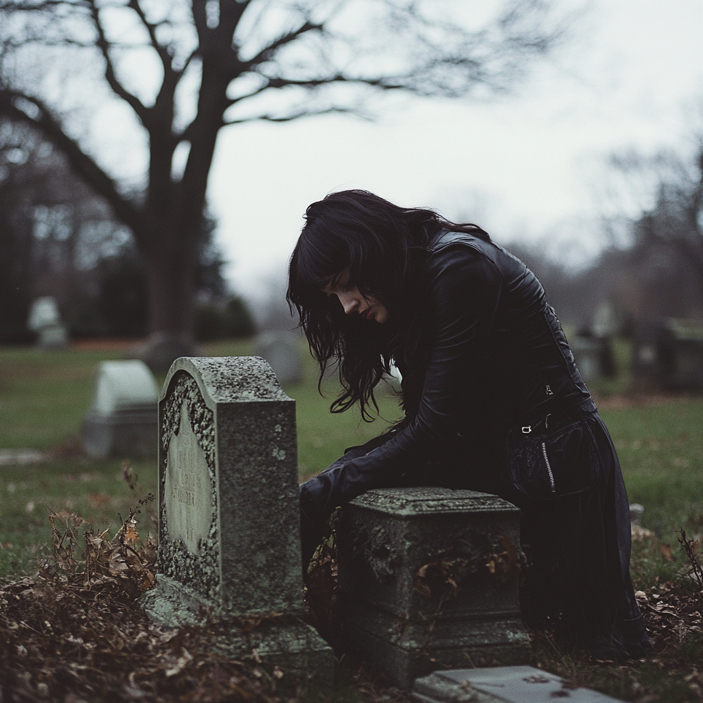 A woman talking to a headstone | Source: Midjourney