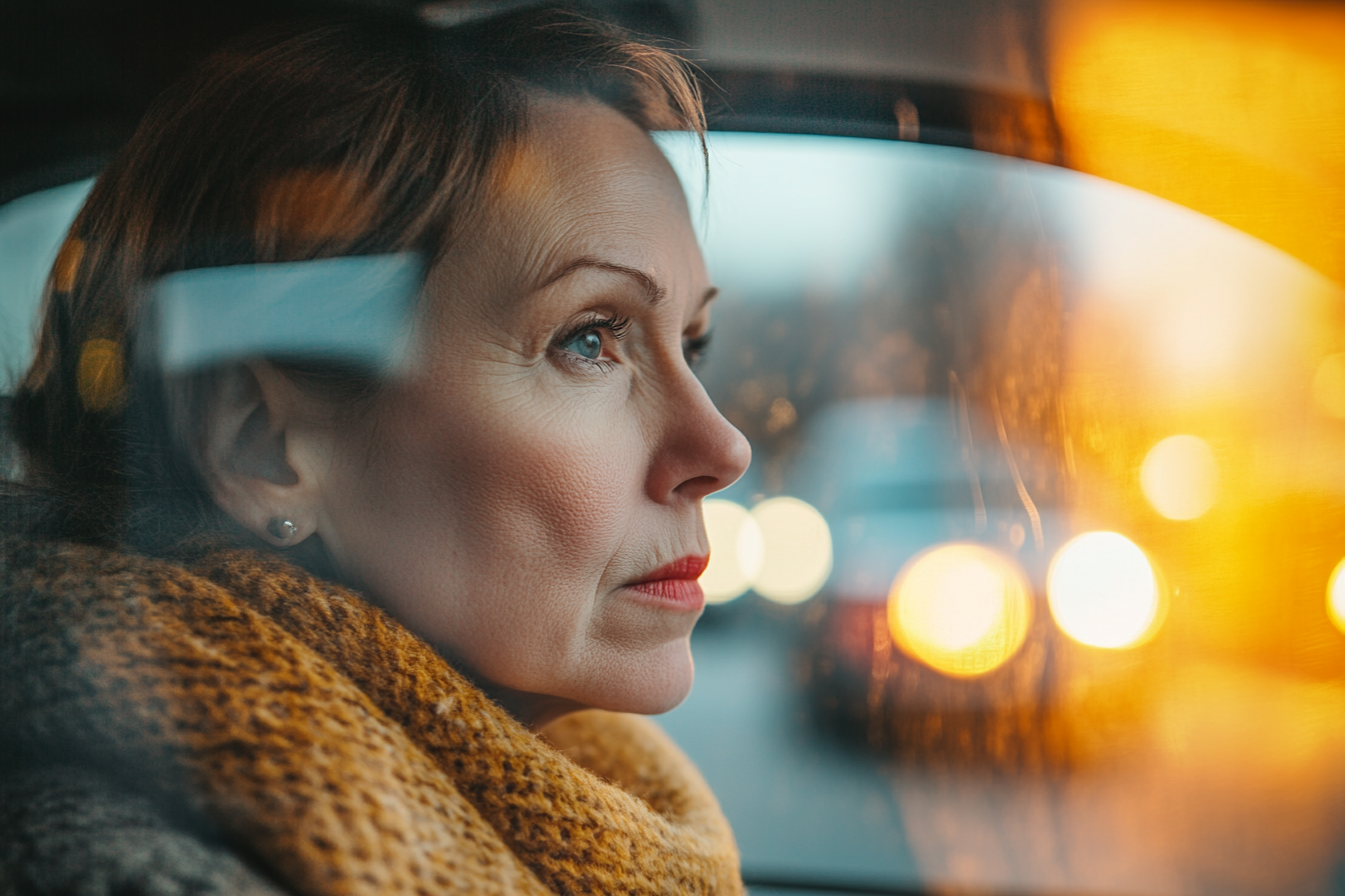 A thoughtful woman in an Uber | Source: Midjourney