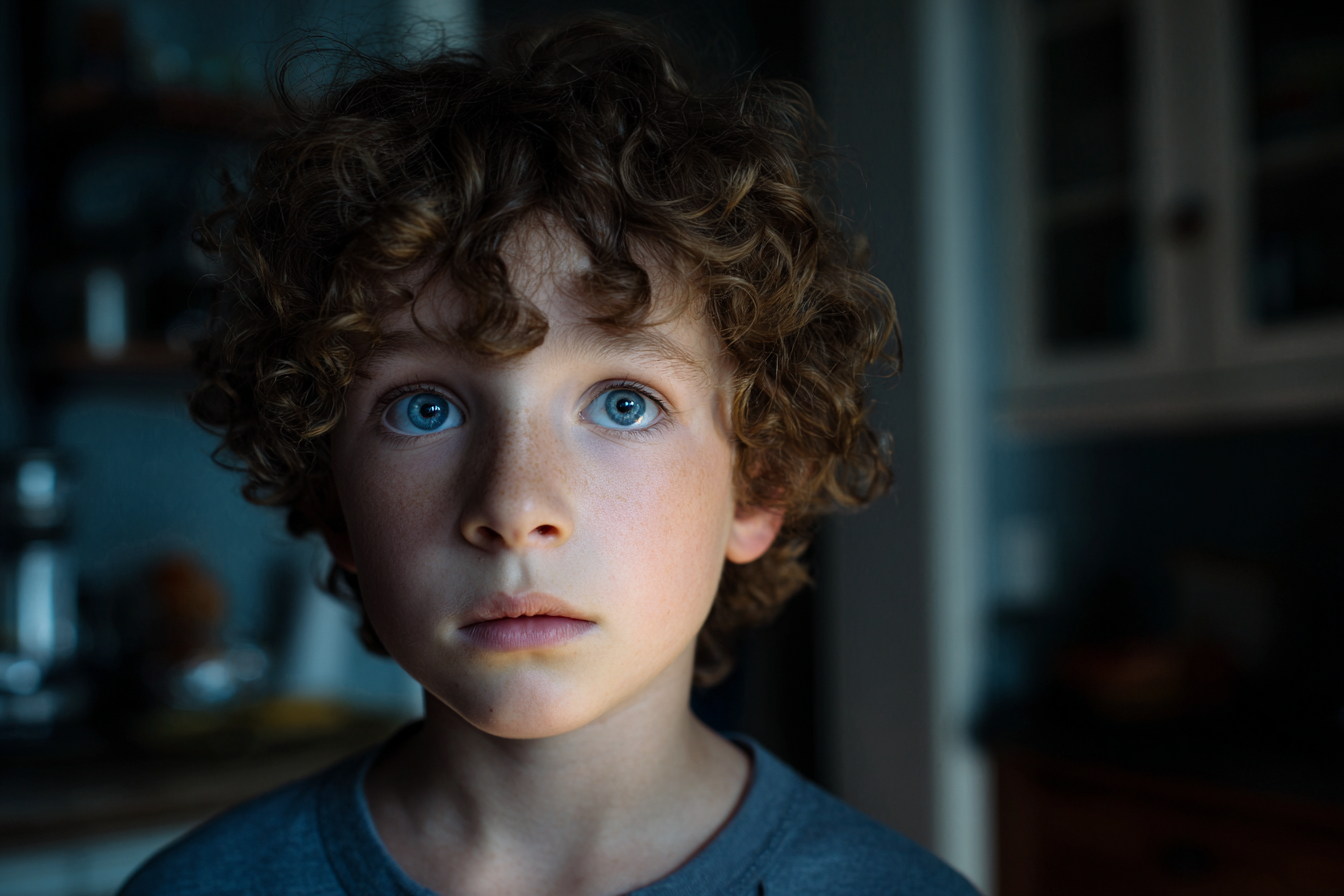 A sad-looking boy standing in a kitchen | Source: Midjourney
