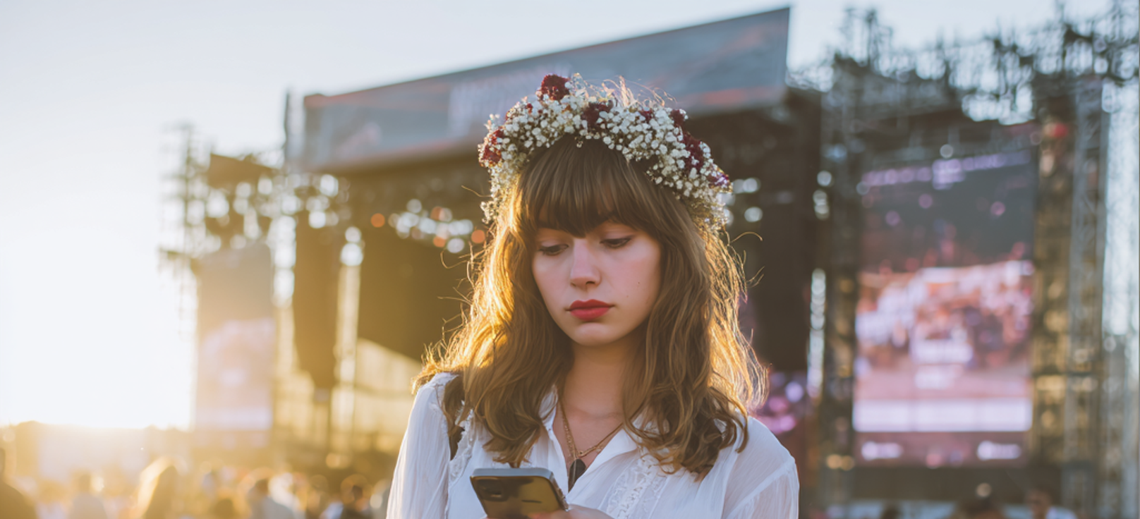 A woman using her cellphone at a music festival | Source: Midjourney