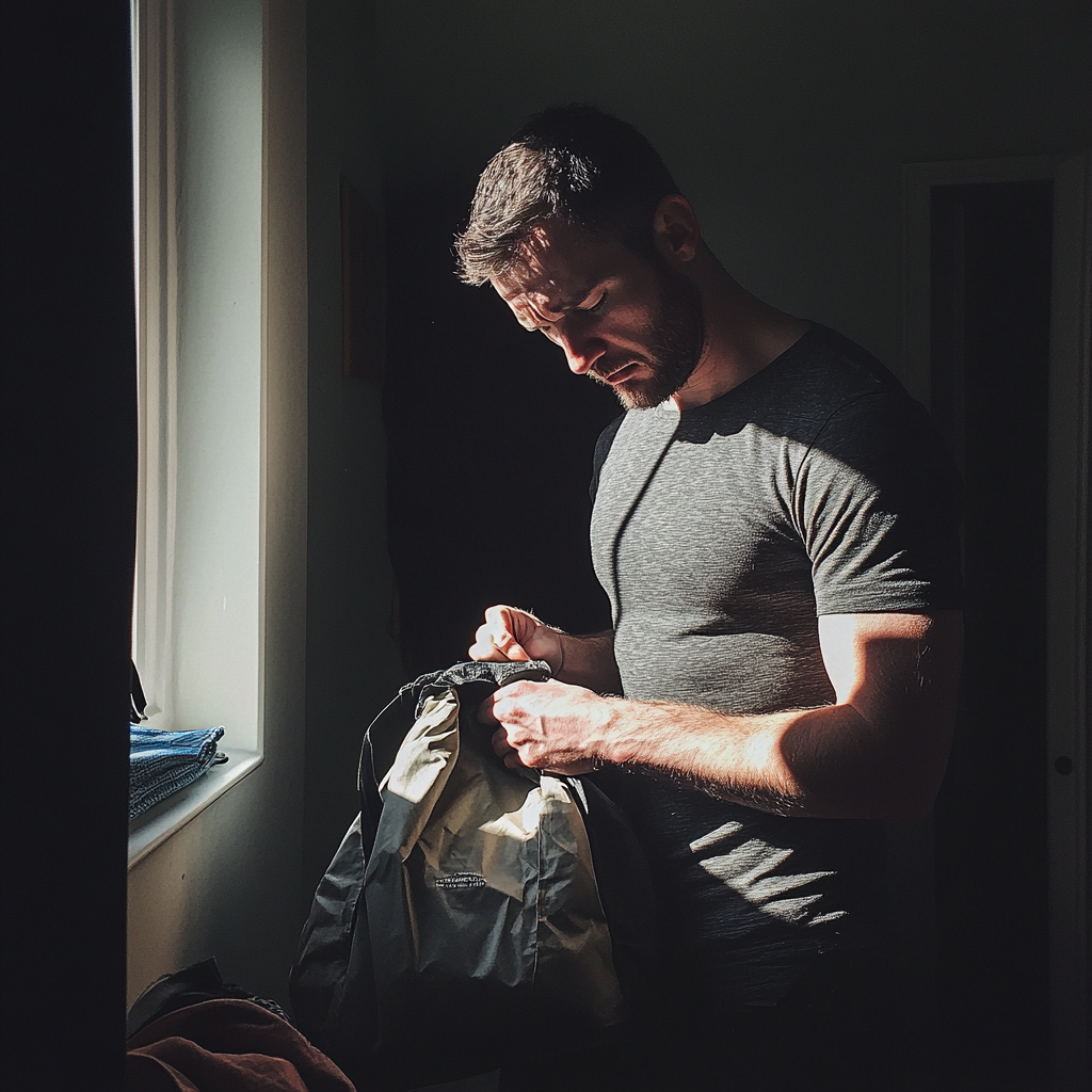 An upset man packing a bag | Source: Midjourney