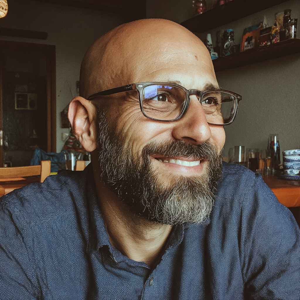 A smiling man sitting at a table | Source: Midjourney