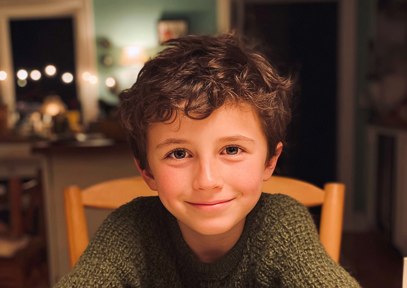 A smiling little boy sitting at a dining table | Source: Midjourney