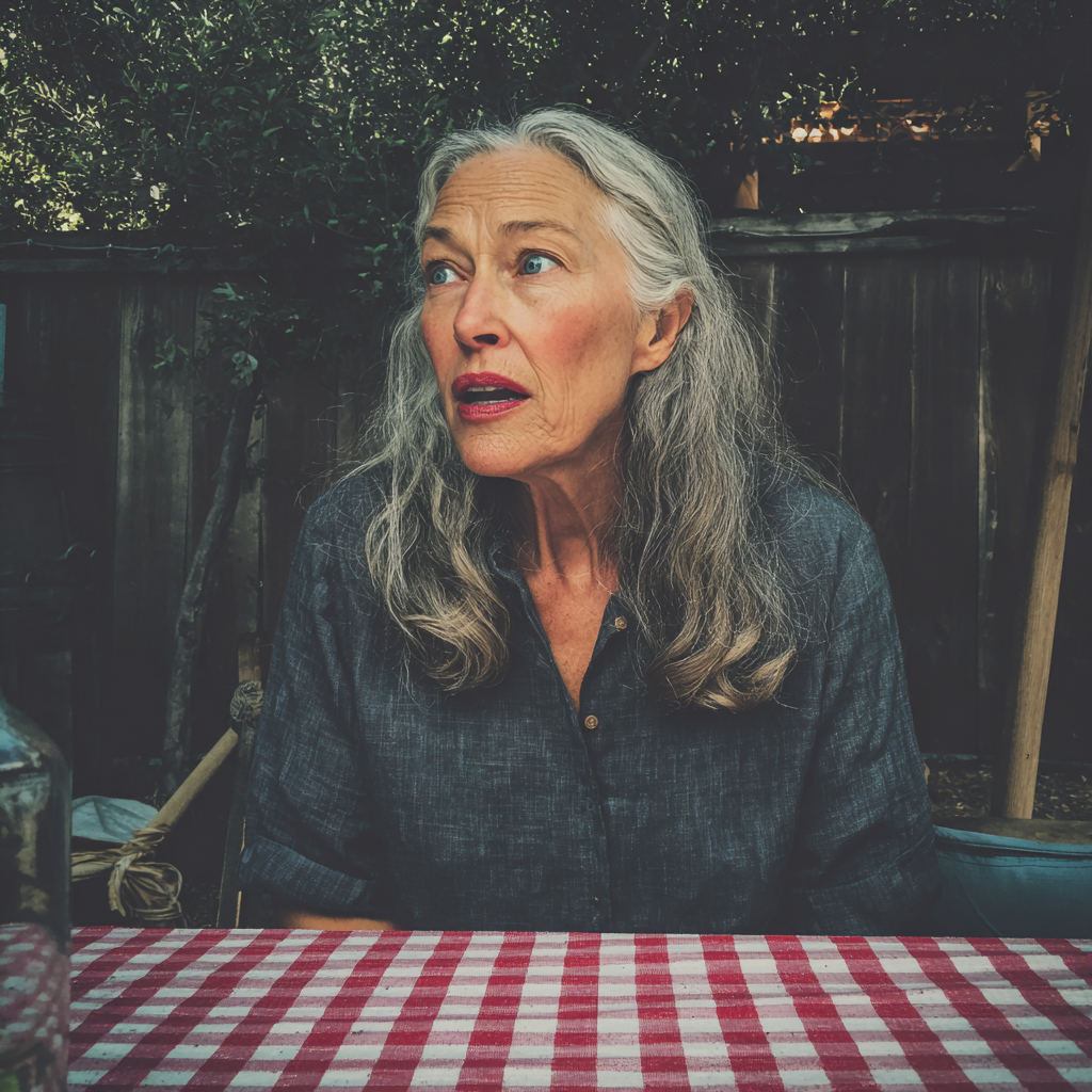 A shocked older woman sitting outside | Source: Midjourney