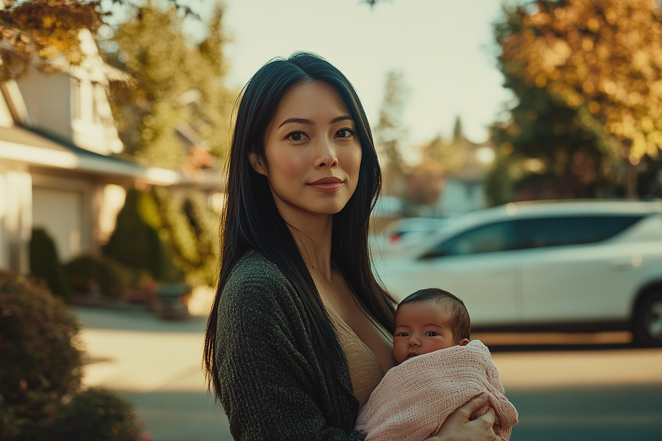 A woman holds a newborn baby in a pink blanket | Source: Midjourney