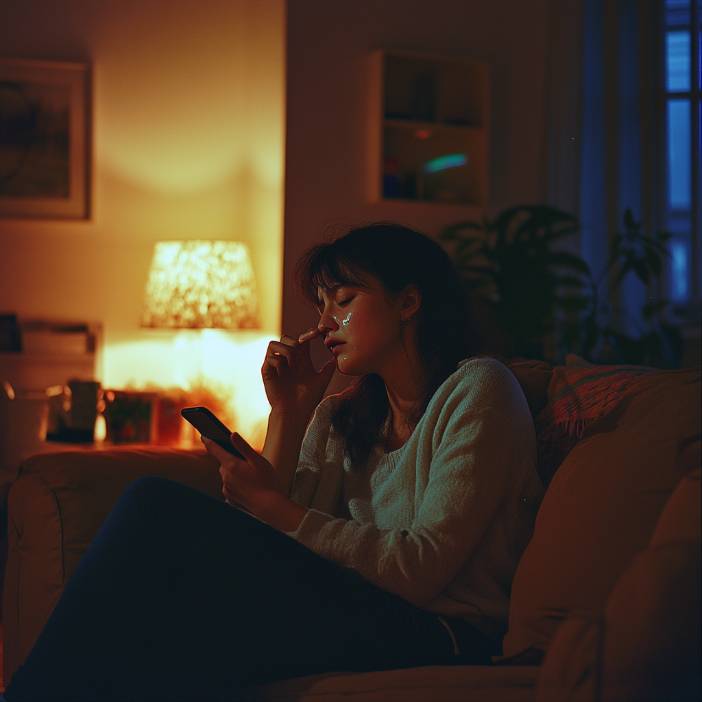 A woman sobbing while talking on her phone in her living room | Source: Midjourney