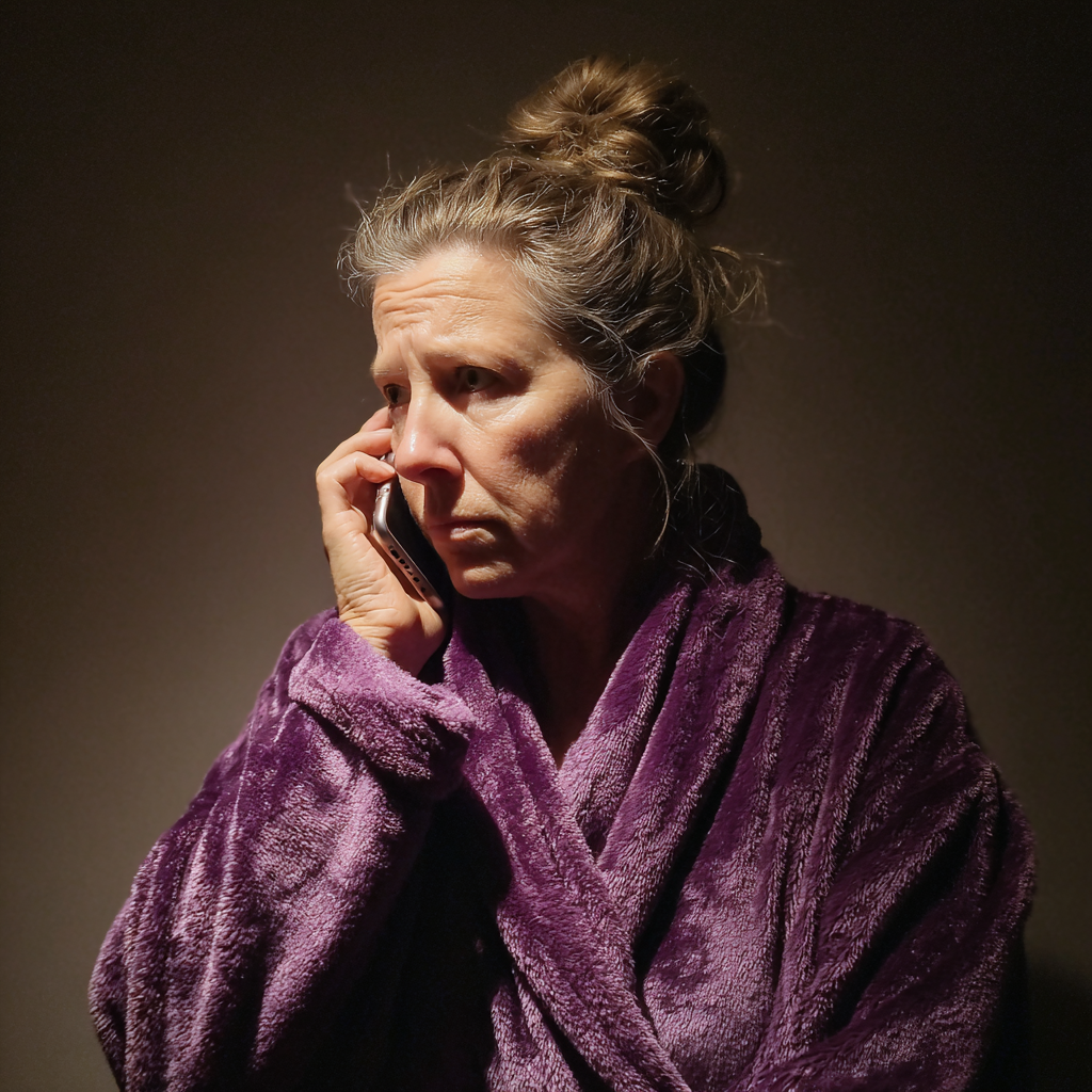 A pensive older woman wearing a purple robe | Source: Midjourney