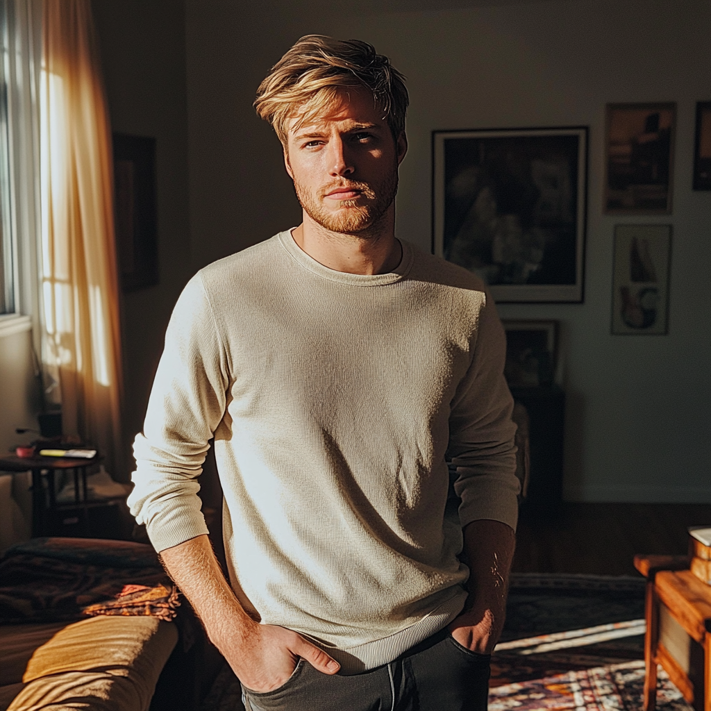 A man standing in a living room | Source: Midjourney