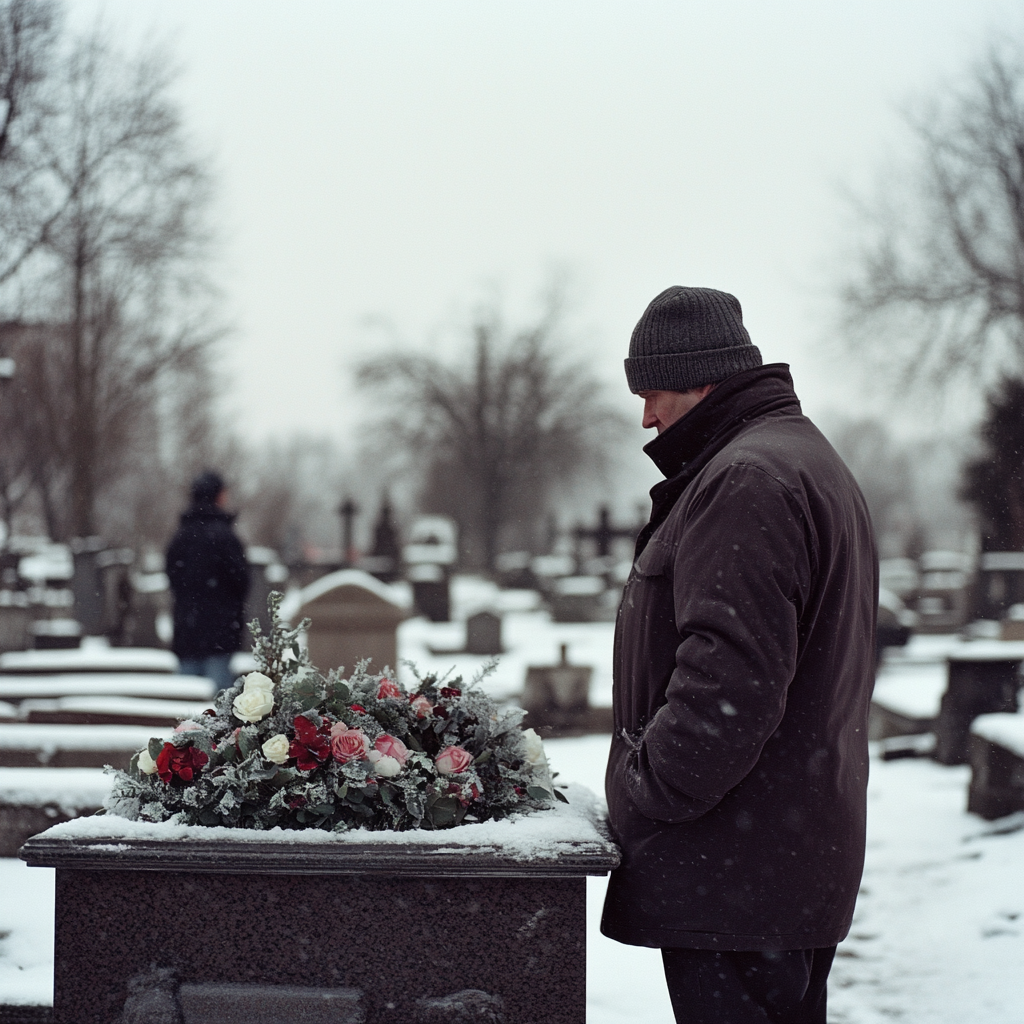 A cemetery worker near a coffin | Source: Midjourney