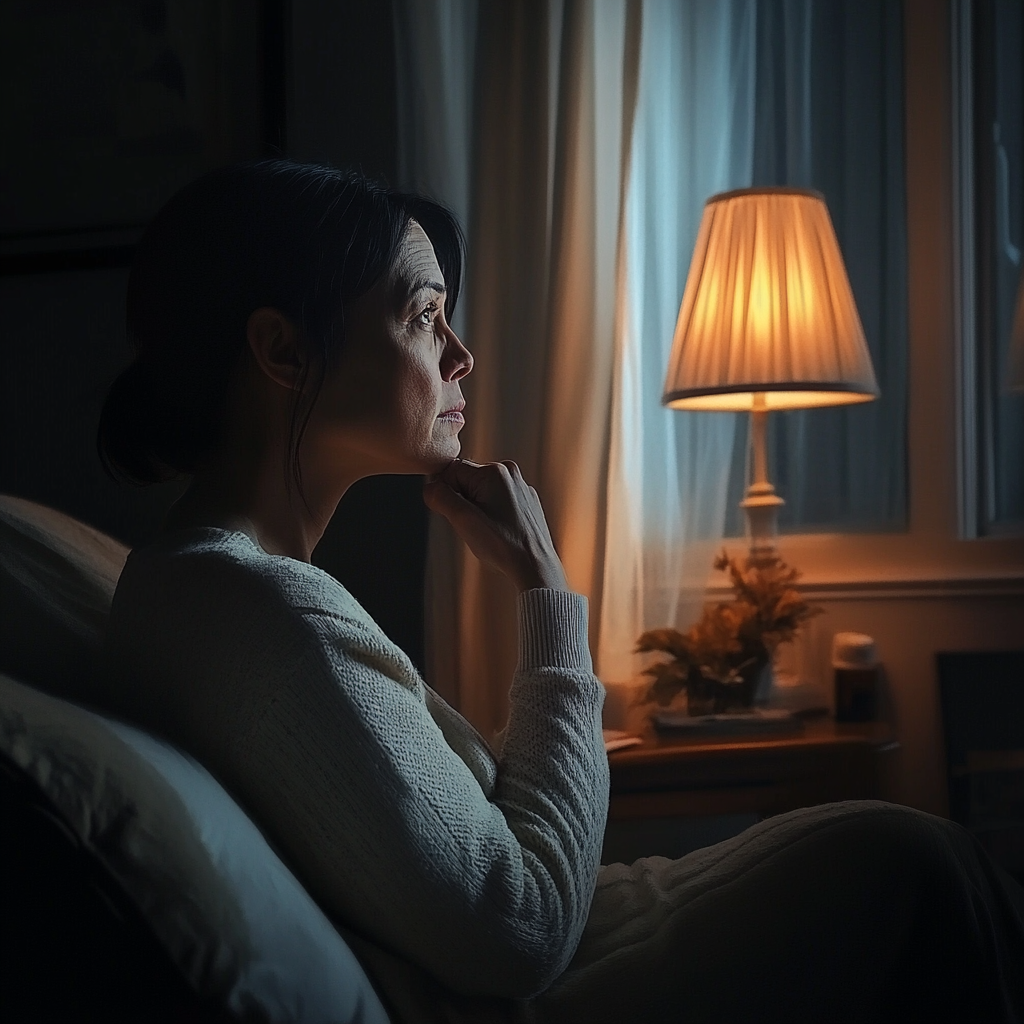 A sad thoughtful woman in her living room | Source: Midjourney