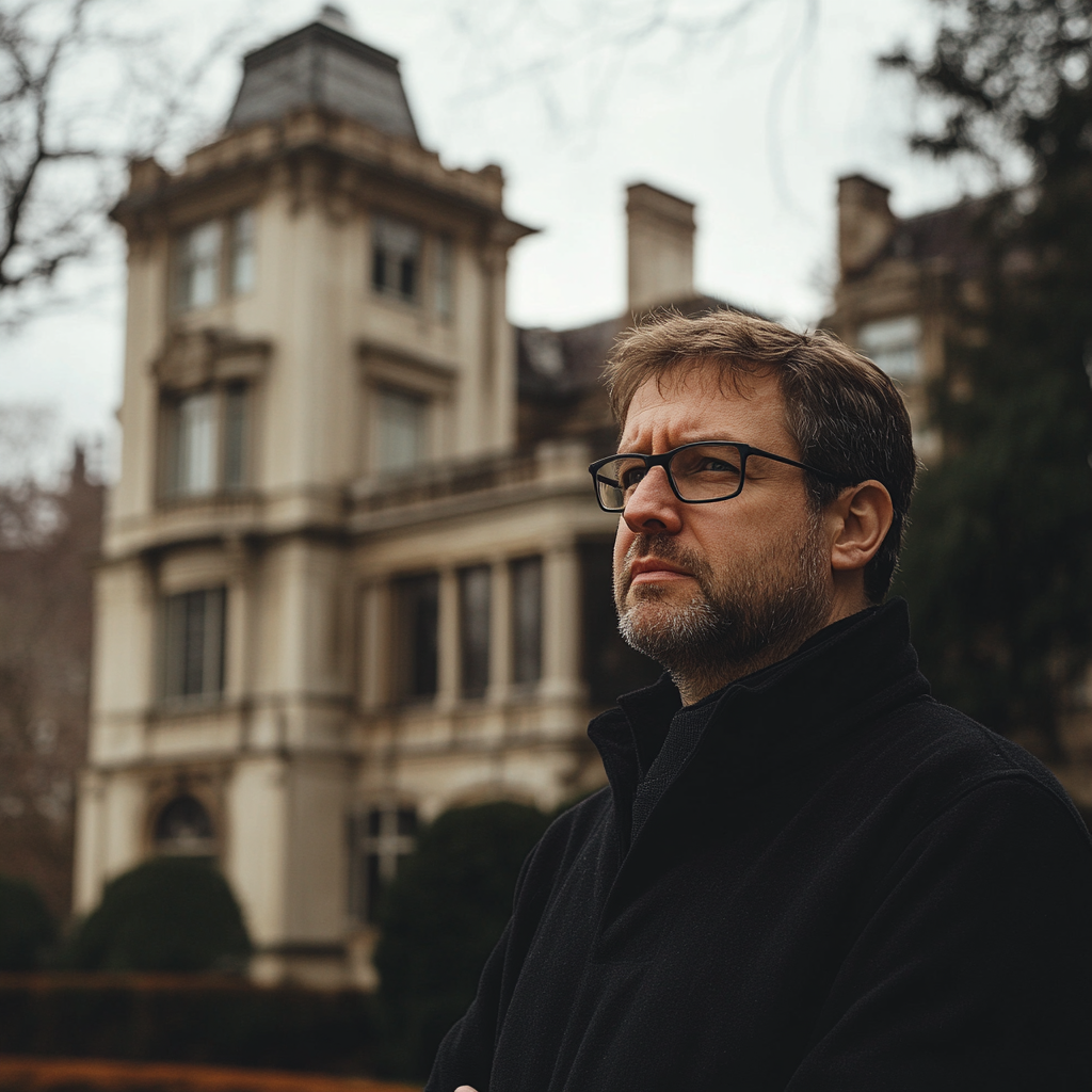 An apologetic man in front of a mansion | Source: Midjourney