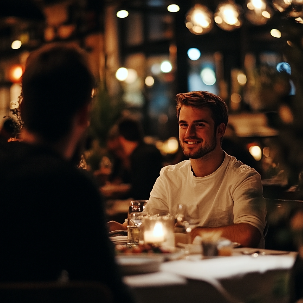 A chuckling man talking to a waiter | Source: Midjourney