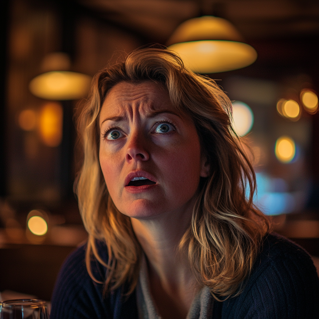 A shocked and upset woman in a restaurant | Source: Midjourney