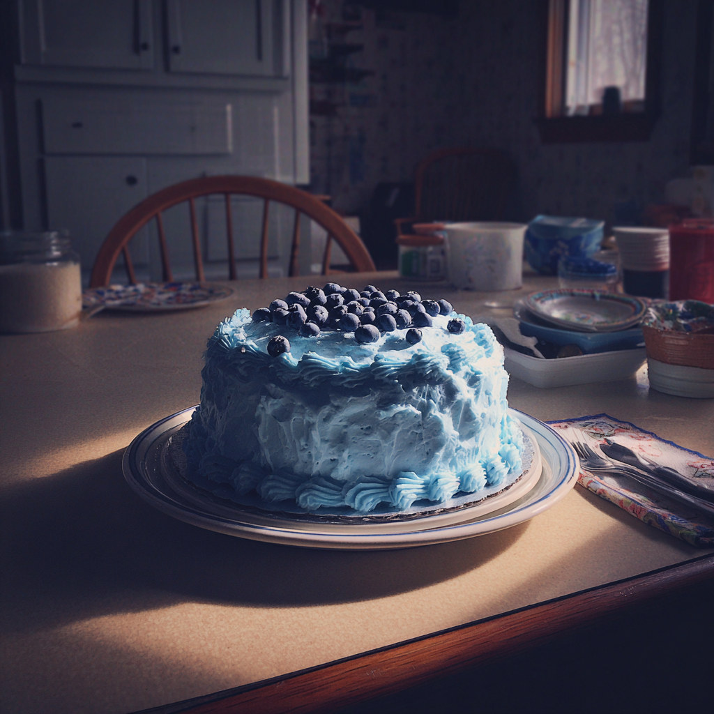 A cake with blue frosting and blueberries | Source: Midjourney