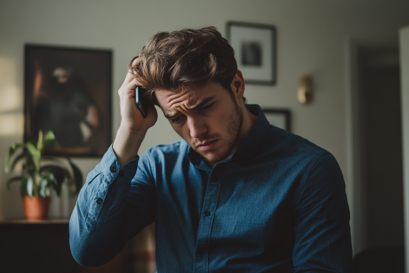 A man holding his phone to his forehead, looking frustrated | Source: Midjourney