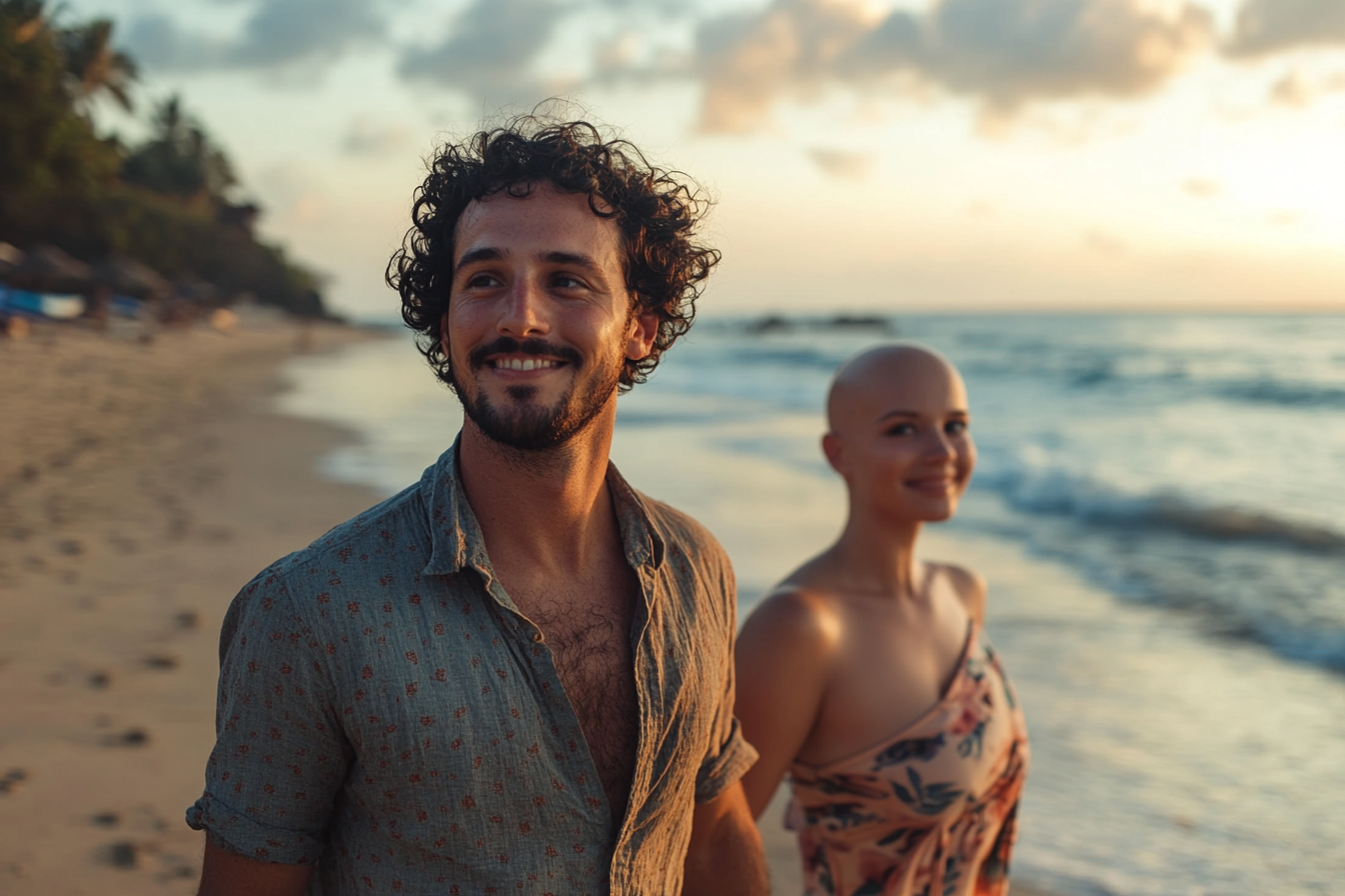 A man and woman walking on the beach together | Source: Midjourney