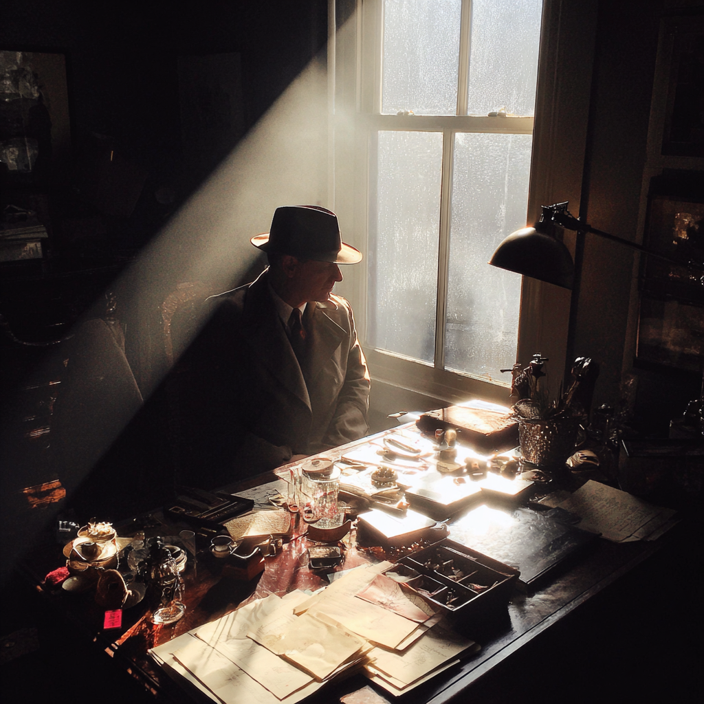 A detective sitting at his desk | Source: Midjourney
