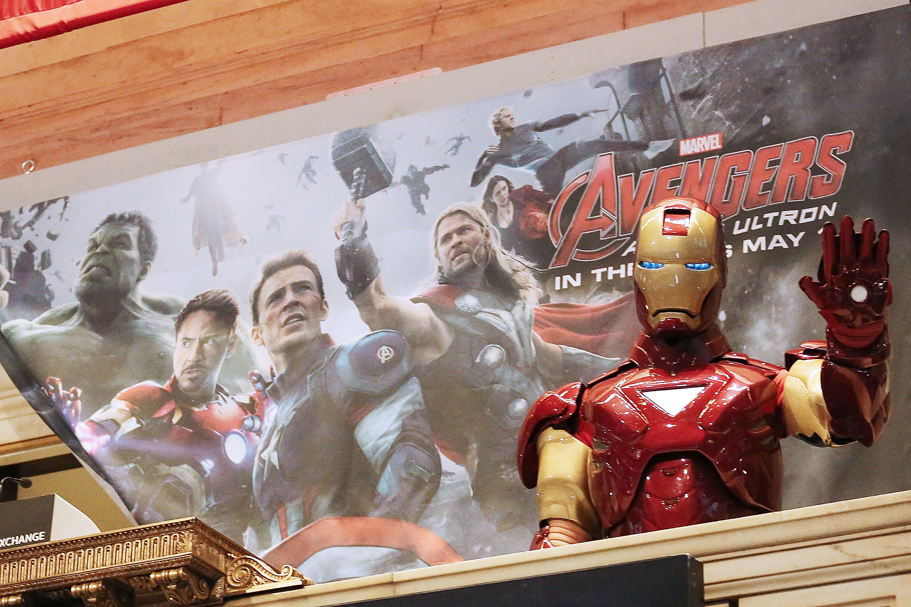 The character Iron Man joins Marvel Entertainment executives ring the NYSE opening bell in celebration of "Marvel's Avengers: Age Of Ultron" at New York Stock Exchange on April 27, 2015 in New York City. | Source: Getty Images
