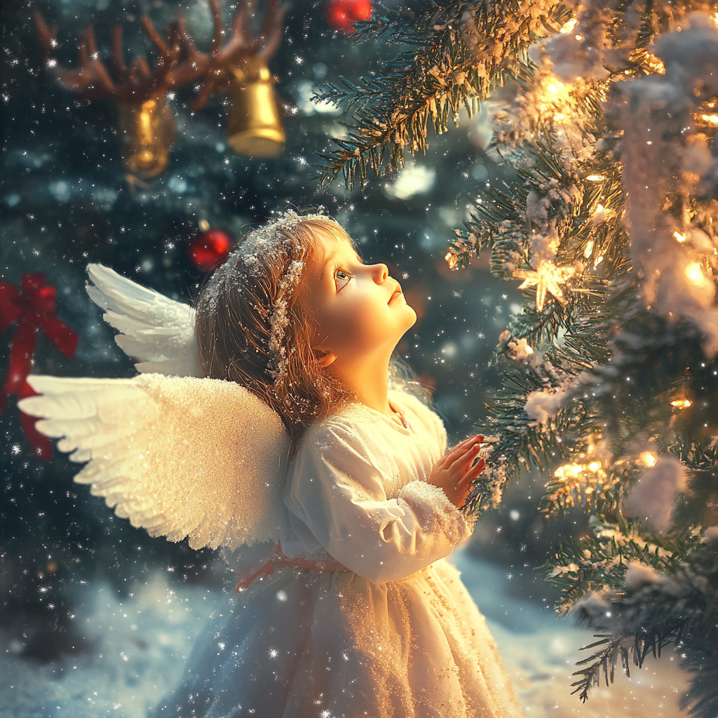 An angel under a Christmas tree | Source: Midjourney