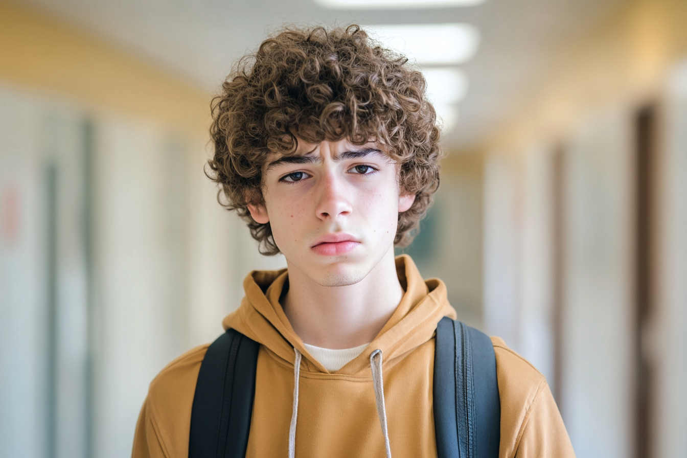 A sad-looking teen boy standing in a school corridor | Source: Midjourney