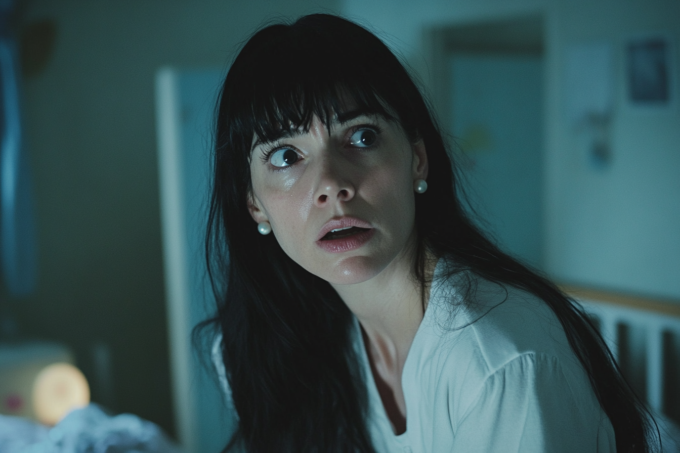 Woman in her late 30s looking scared and sweaty in a child's bedroom | Source: Midjourney