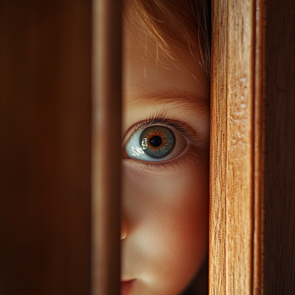 A girl peeking through a door | Source: Midjourney