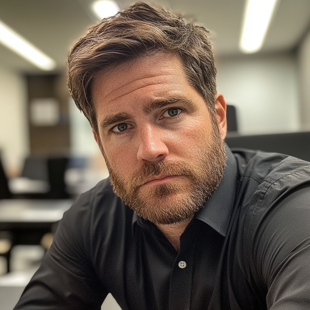 A close up of a man sitting in an office | Source: Midjourney