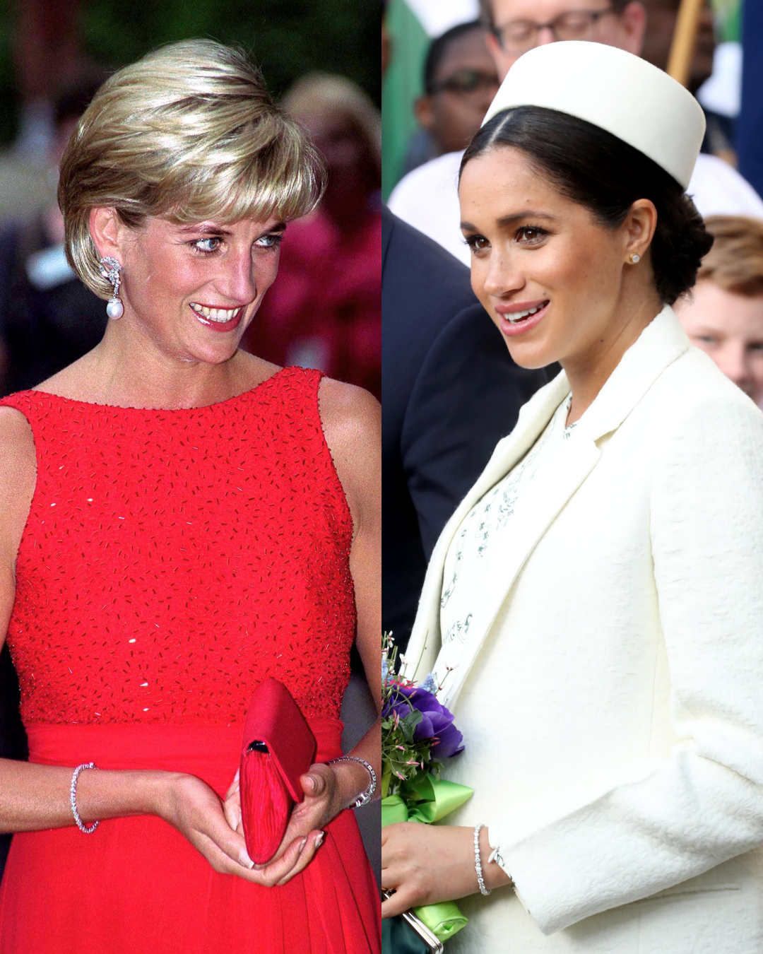 Diana, Princess of Wales, in Washington, USA, on June 17, 1997 (top); Meghan, Duchess of Sussex, at Westminster Abbey on March 11, 2019 (bottom). | Source: Getty Images
