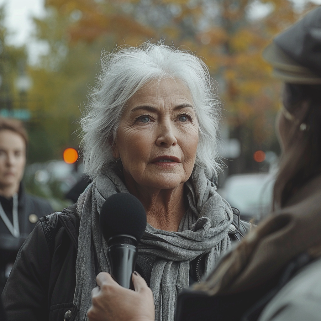 An older woman talking to a reporter | Source: Midjourney