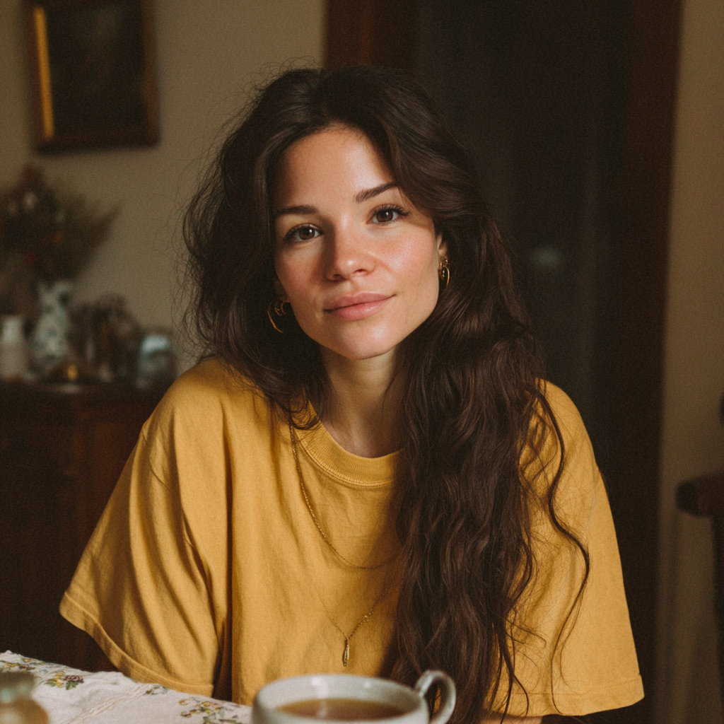 A smiling woman sitting at a dining table | Source: Midjourney