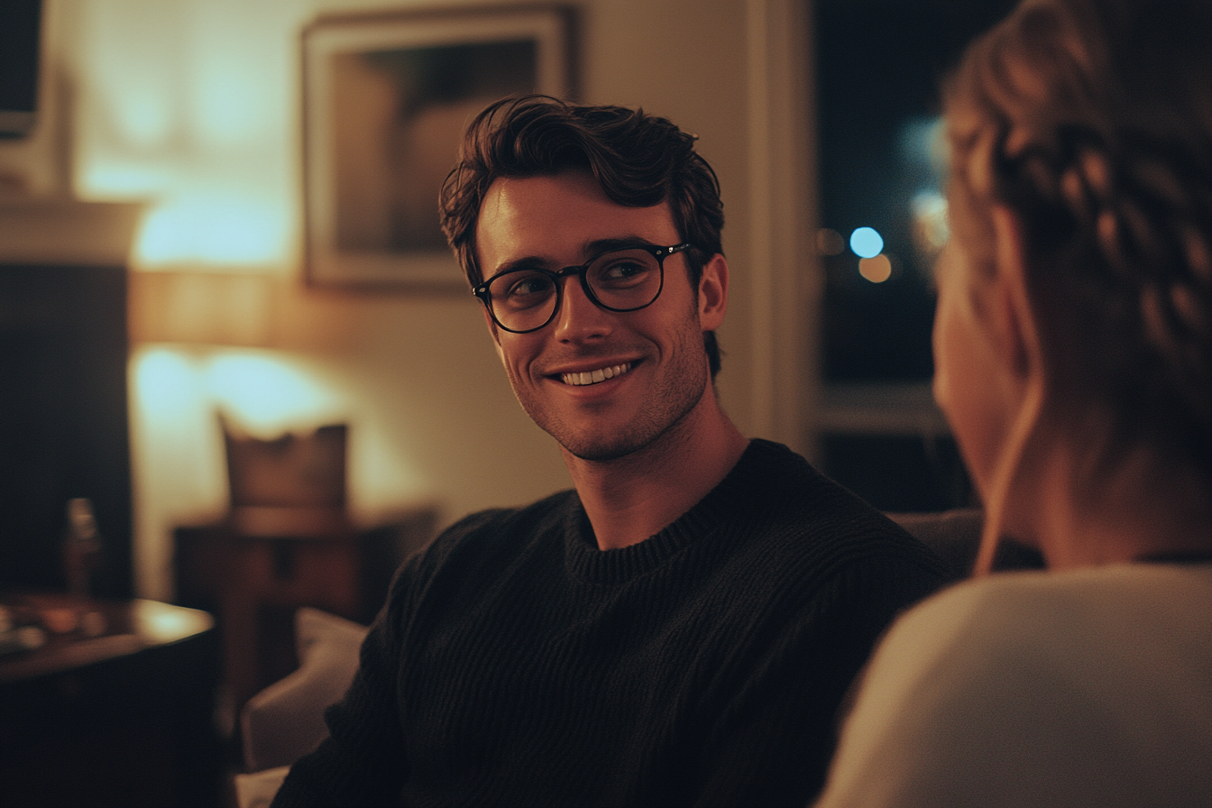 Man in his 30s wearing glasses and smiling sheepishly while sitting on a couch with his wife in a living room at night | Source: Midjourney