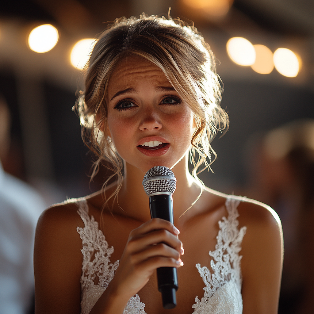 An emotional bride giving a speech | Source: Midjourney