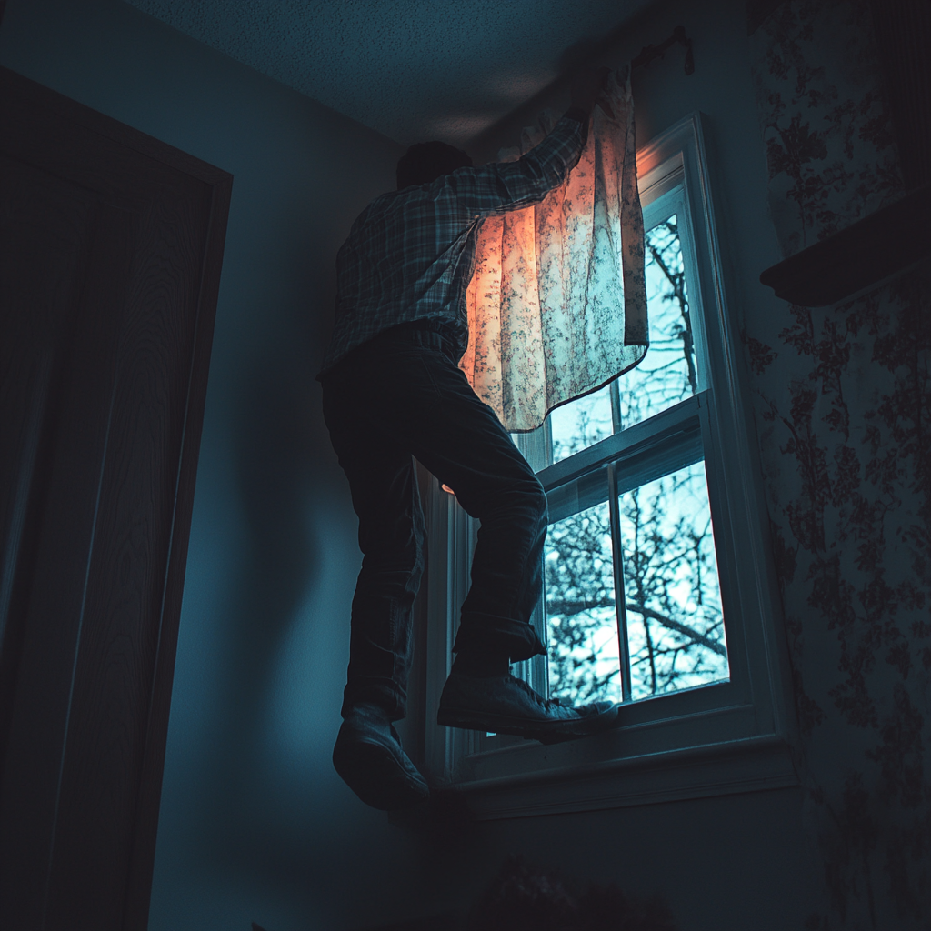 A man trying to climb out of his window | Source: Midjourney