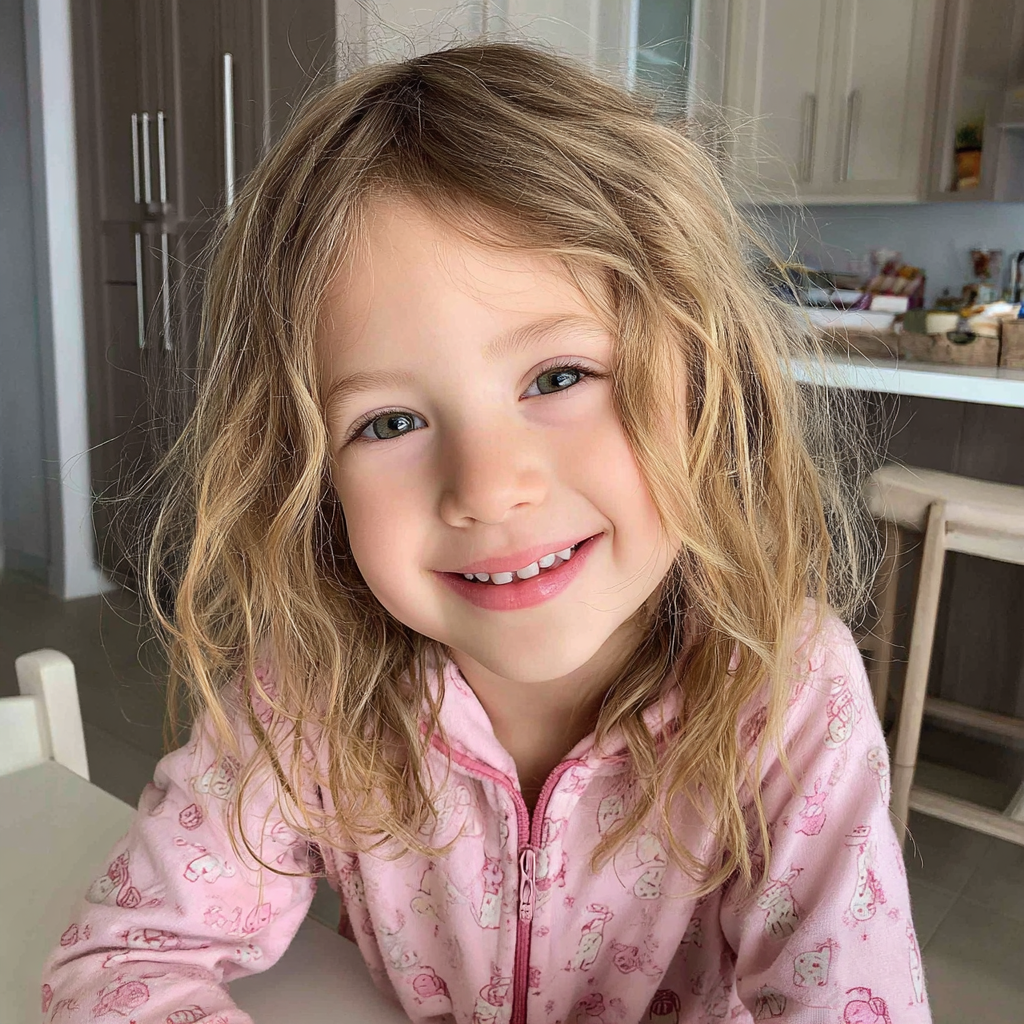 A smiling little girl wearing pink pajamas | Source: Midjourney