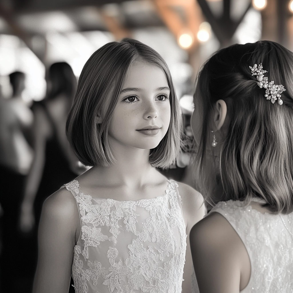 Little girl talking to a bride | Source: Midjourney