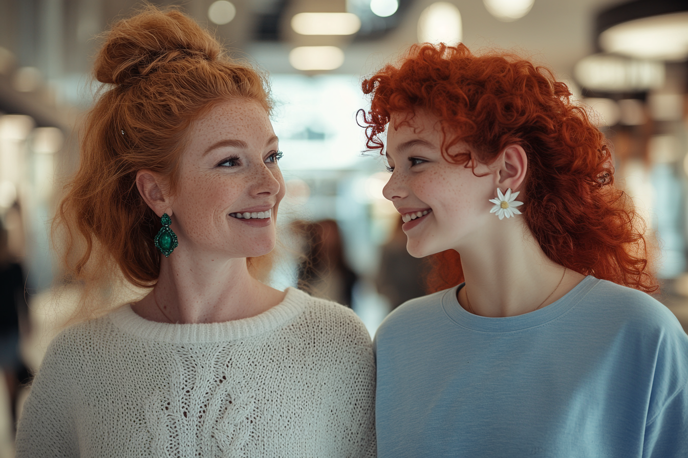 A woman in her 30s and her daughter smile as they walk through a mall | Source: Midjourney