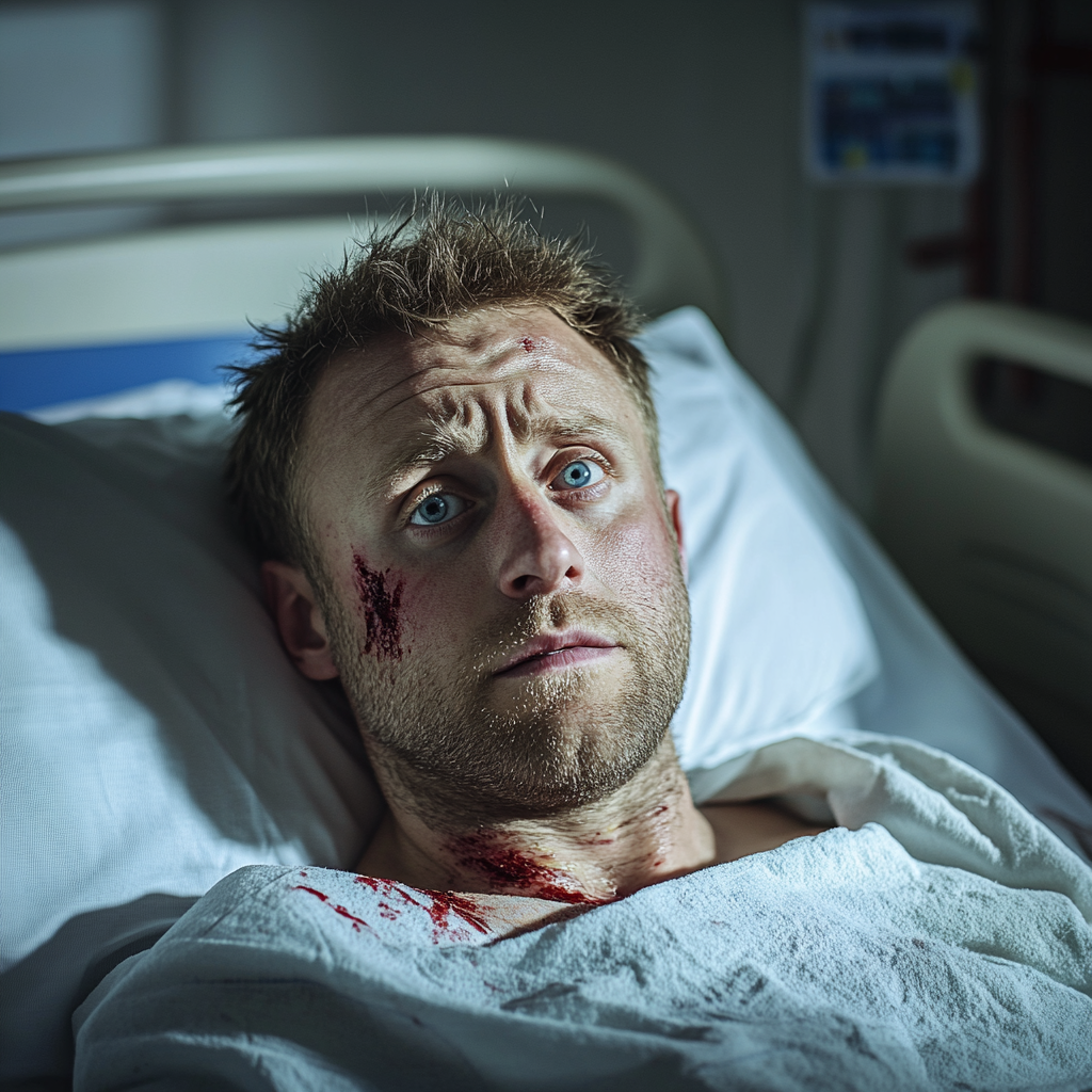 A bruised man with a pained expression lying in a hospital bed | Source: Midjourney